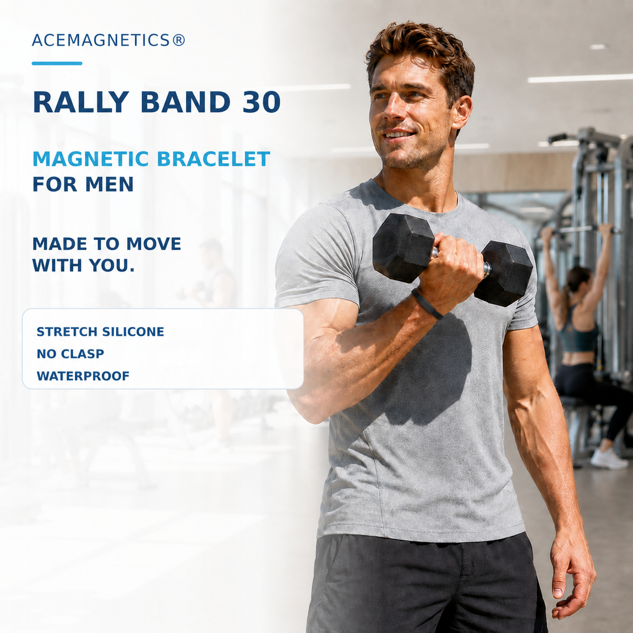 Man lifting a dumbbell while wearing the Rally Band on his lifting wrist